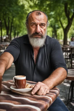 half figure photography of an ugly turkish barman servicing one coffee at the table, burly robust muscular chubby shirtless mainly chest very hairy 48 years old man, in a public park of Istambul , sunny day, sweat, wet, big shoulders, angry eyes, photorealistic