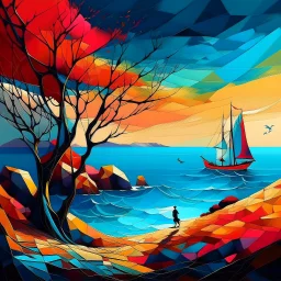 Vibrant painterly illustration, symbolic geometric realism. A surreal coastal landscape divided between land and sea. On a dark cliff in the foreground stands a leafless tree with delicate branches; nearby, small human figures appear as silhouettes. Sailboats float on a gently moving sea, their shapes simplified and graphic. Strong contrast between warm and cool tones, high color saturation, luminous pigments. Clearly painted surface with visible brushstrokes, flat yet textured color fields, han