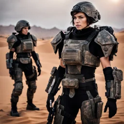 beautiful caucasian female soldier, black metal body and limbs, visible cybernetic limbs, scratched sand camo metal details, short brunette wavy bob haircut, dystopian, desert scene