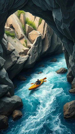 Bosch painting style, 3D multi layers caves where the a river stream, a man in kayak boat in a fast water