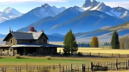 farmhouse and barn in foreground with rocky mountains in the background