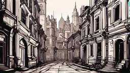 the comic style, a melancholic & mysterious cityscape, Gothic-inspired buildings, desolate streets, an artwork, at night