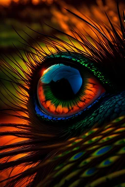 plano detalle del ojo de un pavo real en el atardecer del campo al estilo joan miro