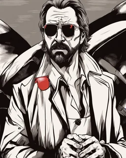 a disgusted hans gruber wearing a trench coat and red sunglasses