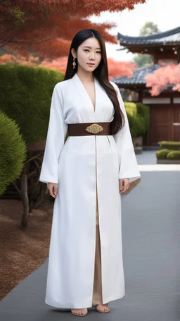 4K Photorealism : 30 year old Asian woman with a full body with a proportional body, symmetrical face, precise clean brown eyes, long flowing hair, precise chest accentuation, showing typical Japanese clothing