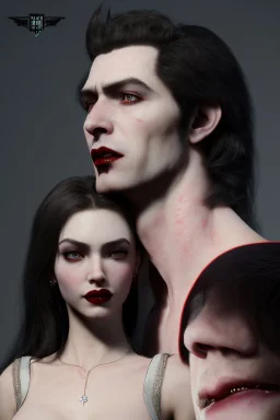 Beautiful vampire man and a beautiful woman with striking features, he is embracing her in her neck, 8k, highly detailed, super realistic