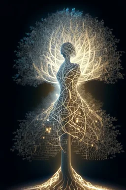 a tree made of equations turning into a goddess of light