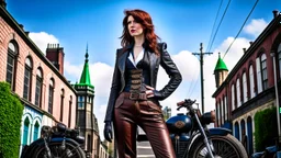 full-height portrait of a woman with straight shoulder-length auburn hair, with metal arms and legs, dressed in leather trousers, and a waistcoat, in a Victorian street next to a steampunk motorbike blue sky