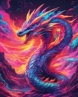 Dragon in a vibrant synthwave dreamscape, neon chaos swirling energetically around pixelated forms, a dynamic fusion of retro gaming nostalgia and futuristic abstraction