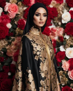 Luxury potrait of a beautiful super model hijab beauty makeup cosmetic,she wearing islamic a luxurious details pattern color gold and black casual jacket with designed large flower details that resemble roses.The dress has an asymmetrical design with one sleeve and a flowing skirt.background of the image shows a red carpet event with floral decorations,close-up portrait