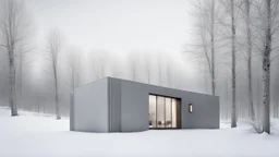 Modern and minimalist house in a winter environment is light gray, with vertical siding that gives it a subtle texture. There are small rectangular windows and a visible door, all emitting warm light from the inside. The house is situated in a snowy landscape, with several bare trees scattered around, suggesting that it is winter or a cold region.