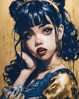 Poster in two gradually, a one side the Genna Ortega as Wednesday face and other side the Singer Melanie Martinez face, painting by Yoji Shinkawa, darkblue and gold tones,