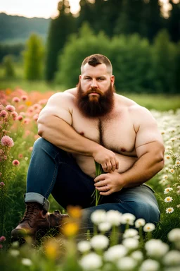 full figure photography, shy muscular big fat chubby, 35mm lens, burly italian man short hair, 28 years old sitting in the meadow with a flower in a hand, near a big farm , red short beard, , hairy armpits, manly armpits, ugly, manly chest, hairy chest, big shoulders, , huge belly, manly chest, shirtless, with boxer, emotive eyes looking at camera, photorealistic ,sunlight , ambient occlusion, side view, poetic composition, golden ratio