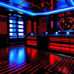 techno disco with red black walls,an blue white and shiny vinyls
