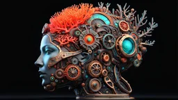 3D rendering of Expressively detailed and intricate of a hyperrealistic “neon steampunk head”: side view, scientific, single object, vivid colour, coral, fungi, black background, shamanism, cosmic fractals, octane render, 8k post-production, detailled metalic bones, dendritic, artstation: award-winning: professional portrait: atmospheric: commanding: fantastical: clarity: 16k: ultra quality: striking: brilliance: stunning colors: amazing depth