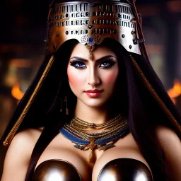 portrait oil on canvas of beautiful busty Female Warrior,ancient metal armor, cinematic composition, extreme detail,8k,fit full head inside picture,