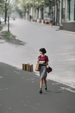 a student girl ,short hair with her books in her hand walking in street,next to trees.