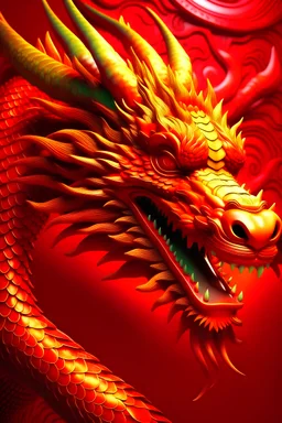 中国龙，红色背景，传统元素装饰，宽广的构图，明亮而柔和的光线，细节丰富，眼神友善，龙的爪子摆出V型，喜庆的颜色，欢乐的氛围，动态优美，活泼可爱，
