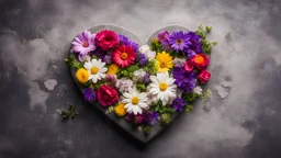 Garden flowers in heart shaped gift box on stone background. Top view with copy space
