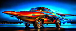 A national geographic award winning photograph of a military fighter jet station wagon wasp hybrid designed by volkswagen only one vehicle per image painted metallic orange traveling at a high rate of speed, jet intake off of front center of vehicle and jet exhaust out the rear with bright blue flame