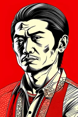 Illustration of Japanese yakuza man with with black hair, tattoos, front view, red background