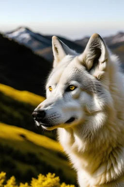 Portrait of a White wolf looking at a yellow mountain range