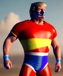 Realistic image of Donald trump wrestler, Mexican wrestling style, Mexican wrestling mask, chin and nose visibles, red and blue breeches, glow us flag dress, suspenders, cap, retro style, 80s, vibrant color, highly detailed, sky background, concept art, unreal engine 5, god rays, ray tracing, RTX, lumen lighting, ultra detail, volumetric lighting, 3d, finely drawn, high definition, high resolution.