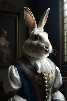 Bunny dressed as human, Medieval palace, animal portrait