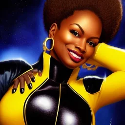 ultra detailed fullbody portrait of beautiful busty Black Queen Marvel Universe , wearing skintight Yellow costume, extremely detailed digital painting, intrincate, extremely detailed smiling face,crystal clear Big Blue eyes, in the style of Adam Hughes , mystical colors , perfectly centered image, perfect composition, rim light, beautiful lighting,8k, stunning scene, raytracing