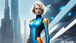 A full-body photograph of a young, slender woman with blond shoulder-length hair in a sleek blue jumpsuit, with an android in a huge metal exosuit with a helmet standing guard beside her, standing in a futuristic cityscape with advanced spacecraft behind them