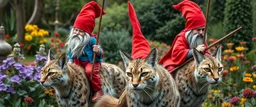 close up portrait of blue and red clothed gnomes riding furred lynx cats with lances in garden of eden in the style of Escher and Giger