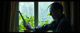 Pale sickly vampire quietly cleaning a window in an ordinary old apartment, completely calm and domestic. Extremely detailed uneven skin texture: dry, porous, wrinkled, slightly flaky, translucent in places, visible veins, subtle imperfections, absolutely not smooth or plastic. Deep sunken eyes, hollow cheeks, sparse damp hair. Lush vibrant green houseplants behind him contrast strongly with his lifeless appearance. Soft morning light, deep shadows, eerie realism, understated dark humor. Inspire