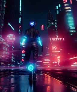 circular white moon, 3D, beautiful, light reflecting, empty city, midnight, rainy night, neon, cyberpunk, person walking with helmet on