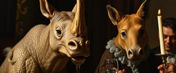 close up portrait painted by Rembrandt, stupid looking furry dragon fox rhino at banquet