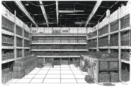 illustration by underground comix artist, Brion Gysin of: Access to Planetary Guard facilities is rarely granted to civilian surveyors, making this glimpse of the fortress armoury particularly valuable for the record. The maintenance bay shown here represents typical military-grade equipment storage and servicing — dense racks of weaponry and tactical gear lining curved walls, diagnostic stations, and the controlled environmental systems necessary for keeping sensitive equipment operational acro
