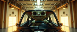 car driving happy 2d anime fluffy slimy alien sloth gremlin woman in the style of Escher and Giger and Fallout 4, pinhole cam, airbrush 3d rendering, on tv screen:A five-second cinematic single take in a clean industrial presentation hall.