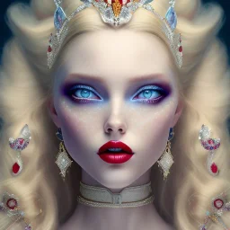 a princess with a lot of jewellery, long blonde hair, red lipstick, blue eyes, dramatic, dramatic lighting, pixar style, volumetric lighting, hyperrealism, 8k, high quality, photorealistic, lot of details