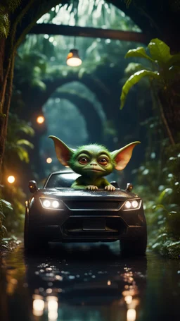 gremlin model in a car shaped like a bucket in dark lit reflective wet jungle metallic hall dome hotel tunnel, in the style of a game,bokeh like f/0.8, tilt-shift lens 8k, high detail, smooth render, down-light, unreal engine, prize winning