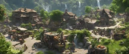 A busy outdoor village market, in a beautiful outdoor countryside summer scene, with hills, intricate dwellings, many weird creatures, many pathways & stairways, waterfalls, & a waterwheel : very high detail, photorealistic, epic cinematic, 8K, Large depth of field