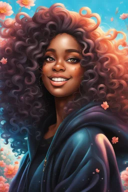 vibrant psychedelic urban culture image, airbrush, 48k, cartoon art image of a black curvy female looking to the side smiling with a large mane of curly ombre hair flowing through the wind while she has a black hoodie on, prominent makeup with hazel eyes, highly detailed hair, background peach and light blue flowers surrounding her, dystopian