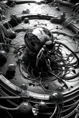 wire man with big lying down in liquid Potassium and ice on fire in a black and white hole of mechanical magpies