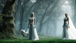 whole body image of beautiful Daenerys Targaryen in a mystical enchanted forest standing next to a dragon, HD 8K, sharp detail, hyperrealistic photo accurate face and features, cinematic lighting