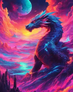 Dragon in a vibrant synthwave dreamscape, neon chaos swirling energetically around pixelated forms, a dynamic fusion of retro gaming nostalgia and futuristic abstraction