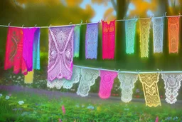 Beautiful lace pants of different colours drying on a clothesline in a flower garden, centre, bold colours elegant fantasy 8k beautiful dynamic lighting award winning imperial colors hyperrealistic ultra detailed 4K 3D high definition crisp quality colourful hdr, backlit, in sunshine