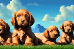 digital gouache matte painting, volumetric nature environment, organic, (( cute ( irish setter puppies and golden retriever puppies ) playing together )), close-up portrait, elegant, intricate, realistic shaded volumetric lighting, volumetric clouds, concept art, detailed eyes, illustration, 8k, uhd, hires, backlight, centered camera view, vitality colors, ambient occlusion, sunlight caustics, design and art by sam curry