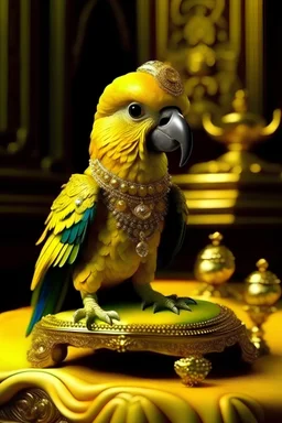 yellow slim parrot dressed like an Persian Pharaohs gold rich with pyramid on a back ground very detailed luxury king,