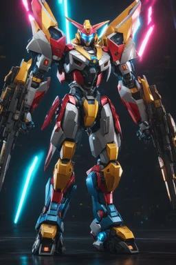 super robot with elements of Gundam, cool, gorgeous looks, anime, colorful outfit, highly detailed, sci-fi, futuristic, soft lighting, cinematic lightning, symmetrical, intricate, octane, bright color, 8k high definition, unreal engine 5, good pose, photo, sharp focus, ultra realistic, perfect anatomy, armor with glitter diamonds, jeweled skin, crystals, sapphires, ornate, white, translucent, silver