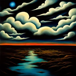 a surreal painting : sky, scary, at night, full of clouds