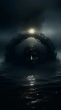 Mourning in dephts of ocean , a halo face with bullets smoky holes in dark gloomy foggy background with very small dem light in a distance