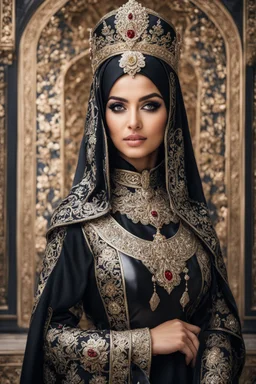 Gorgeous Realistic Photography Super model Iranian as Beautiful Queen hijab girl dressing armor pattern flowers gown luxury black and jewelry,luxury palace background, close-up portrait